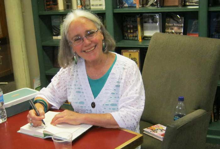 Edith Maxwell signing books at Jabberwocky Bookstore