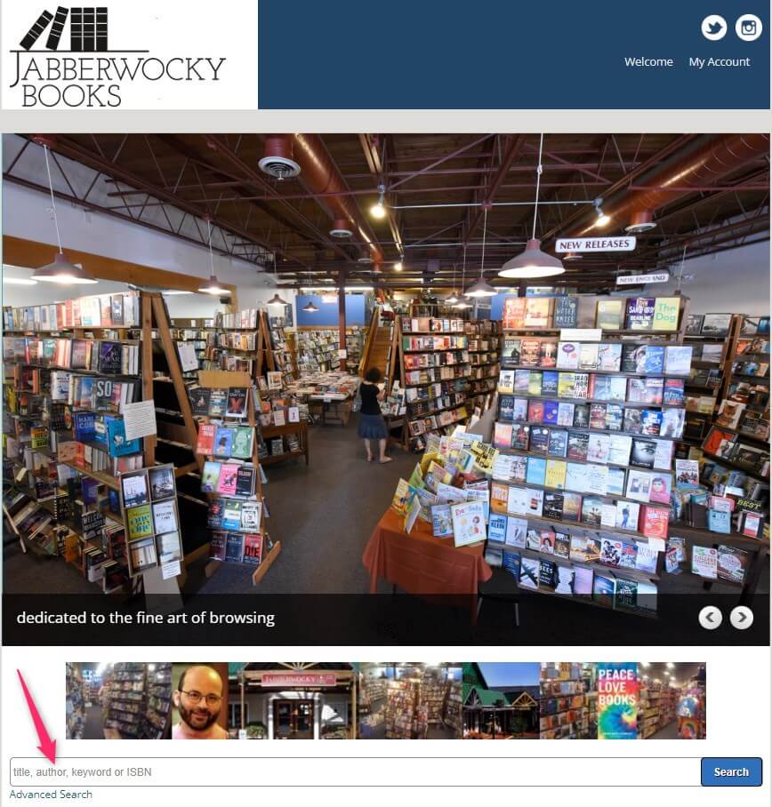 screenshot of Jabberwocky bookstore website with red arrow pointing to the search field